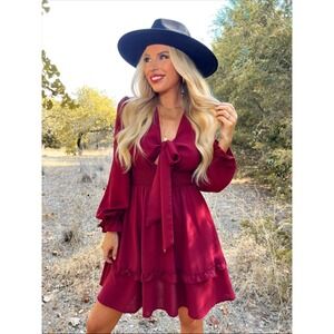 (B6)  Womens Burgundy Tie Front Smocked Waist Ruffle Mini Dress Large NWT